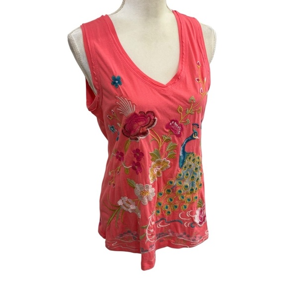 Johnny Was XS Embroidered Celina Tank Top Raw Edge V-Neck Peacock Floral Coral - Picture 7 of 13